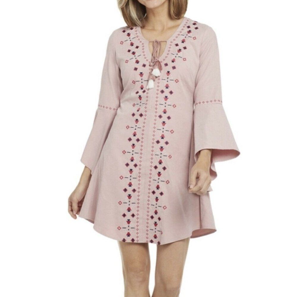 Cowgirl Up Embroidered Bell Sleeve Dress Tassel Tie Front CG00203 Sz‎ Small Pink